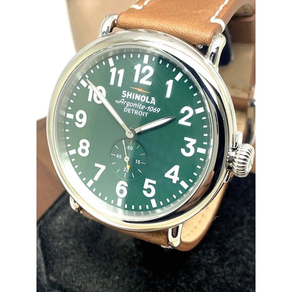 Shinola Men's Watch S0110000038 Runwell Quartz Green Dial Brown Leather 47mm - Picture 1 of 16
